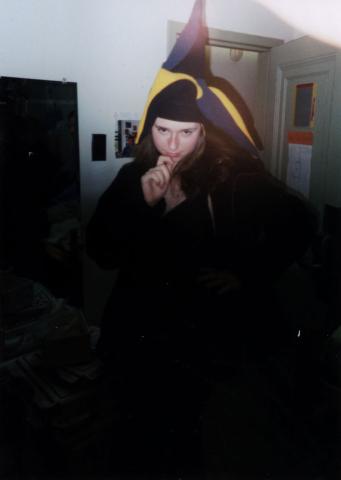 Ashley dressed up for ball with a jester cap